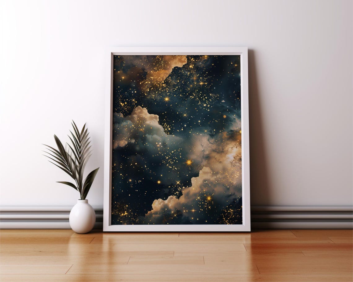 Starry Night Sky Golden Stars Clouds Dark Celestial Dream Wall Poster