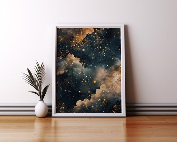 Starry Night Sky Golden Stars Clouds Dark Celestial Dream Wall Poster
