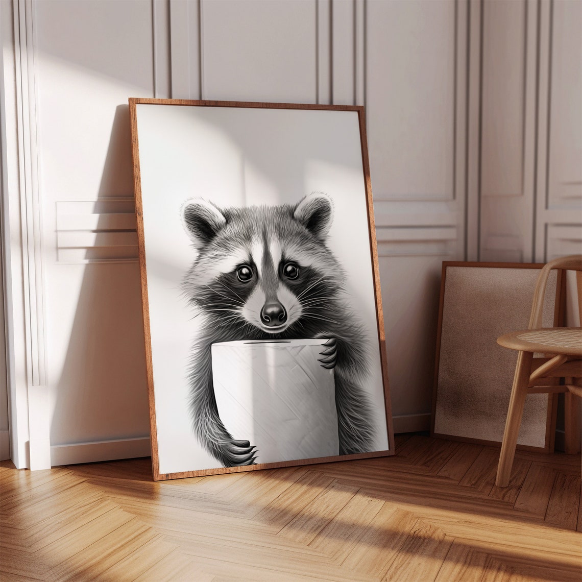 Cute Raccoon Holding Toilet Paper Funny Black White Bathroom Poster - Image 2