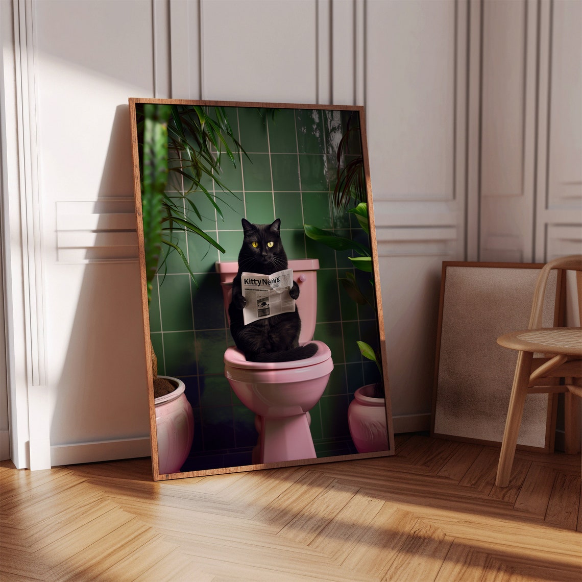 Black Cat Reading Kitty News Newspaper on Pink Toilet Funny Poster - Image 2