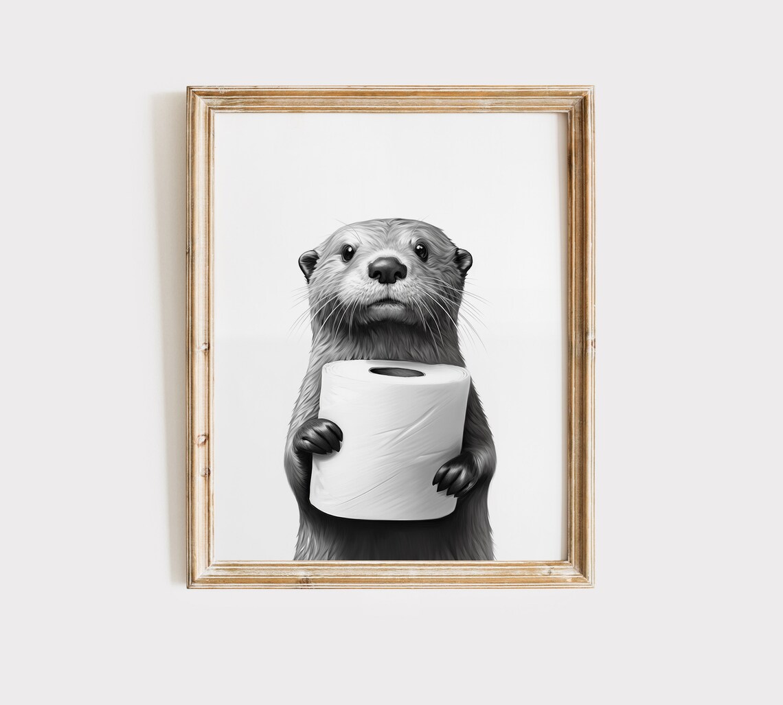 Otter Animal Bathroom Art Print, Black and White