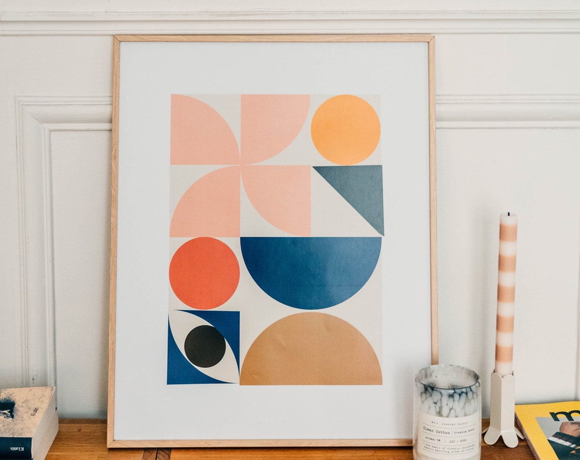 Geometric Bauhaus Circles Semicircles Coral Navy Ochre Art Poster