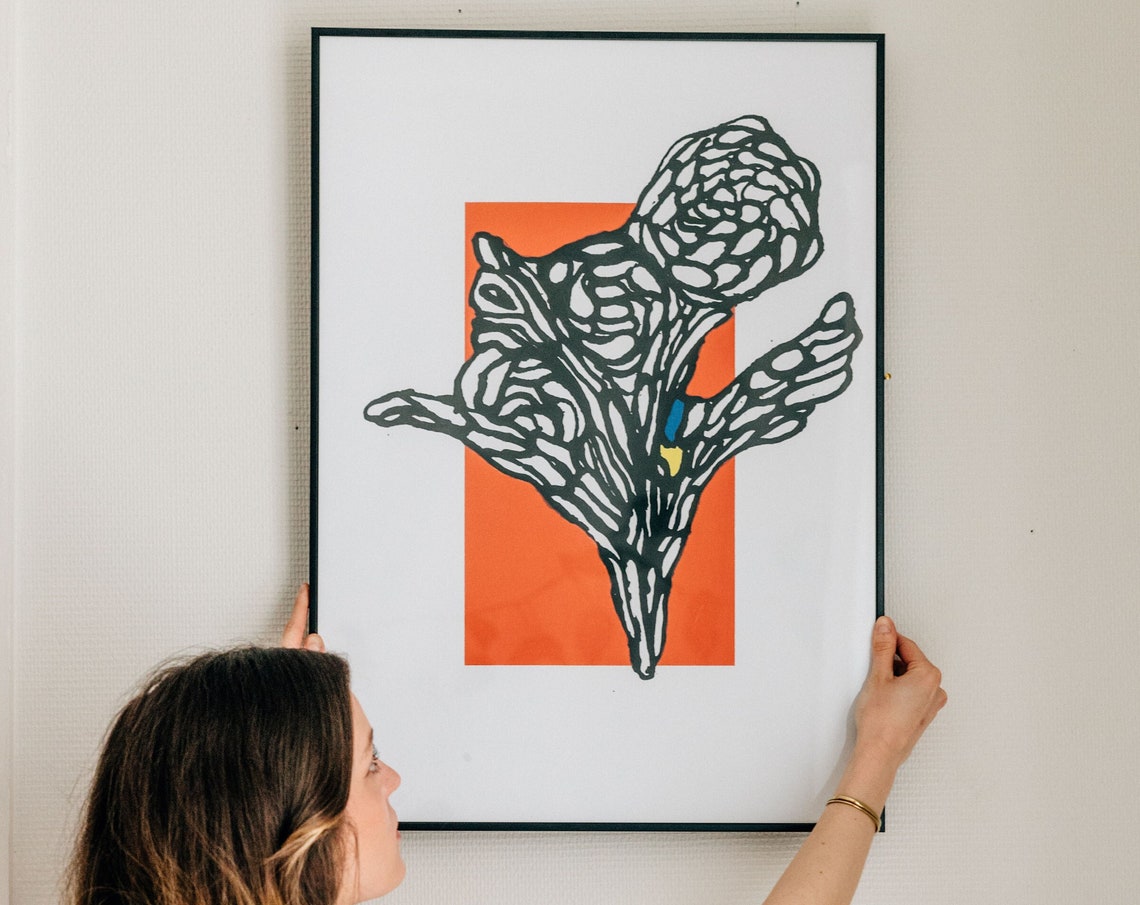 Black Ink Floral Abstract With Coral Rectangle Block Art Poster - Image 2