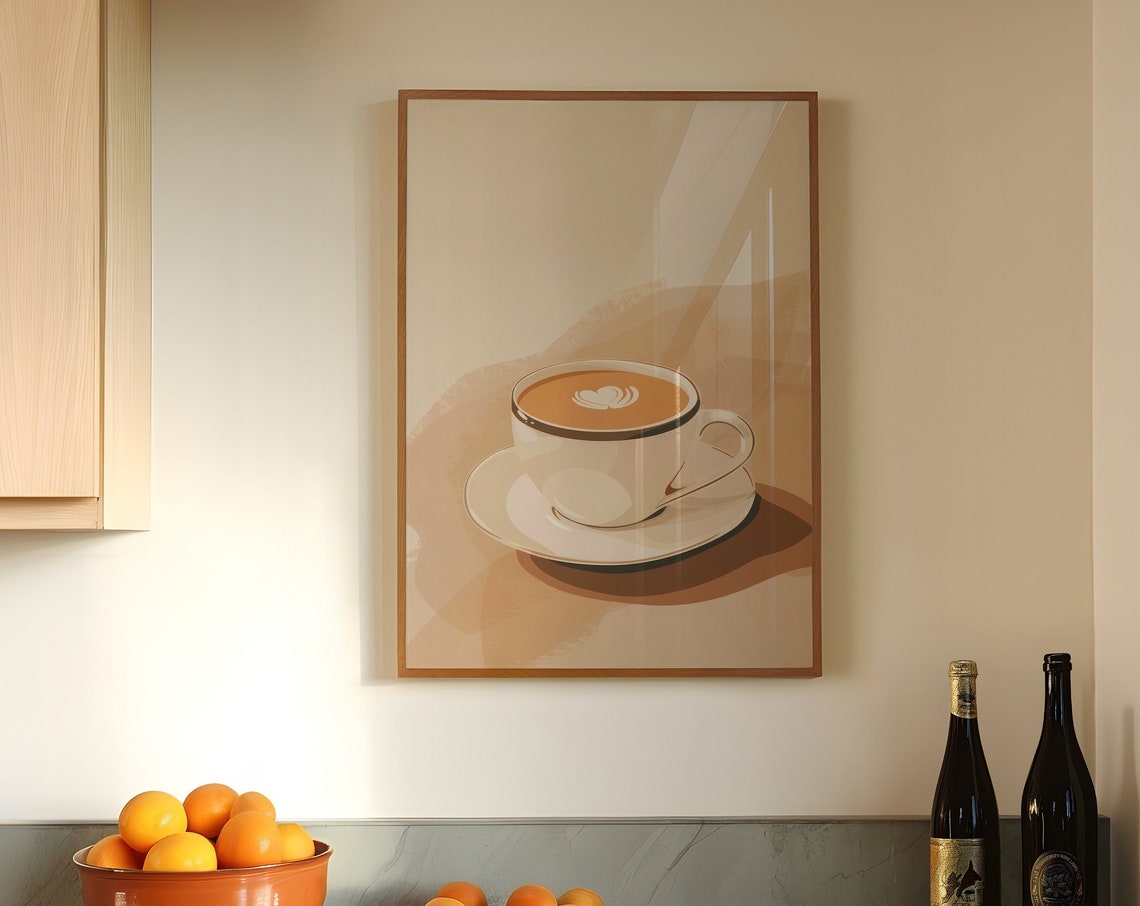 Scandinavian Coffee Cup Latte Art Beige Minimalist Kitchen Poster