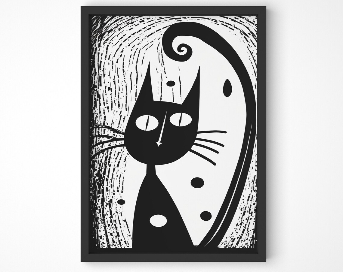 Black Cat Curly Tail Whimsical Bold Line Modern Animal Art Poster