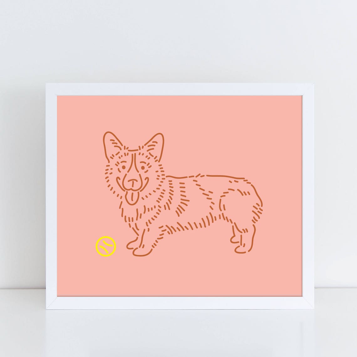 Cute Happy Corgi With Tennis Ball Pink Background Line Art Poster