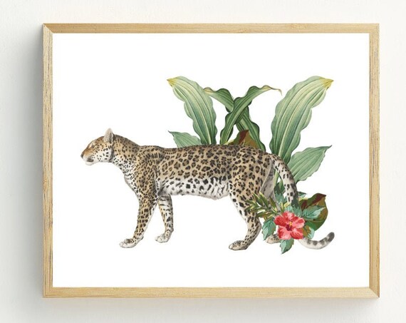 Leopard Walking Tropical Leaves Illustration Jungle Big Cat Wildlife Art Print