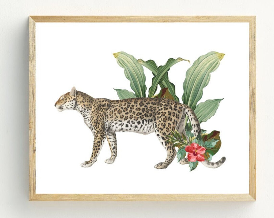 Leopard Walking Tropical Leaves Illustration Jungle Big Cat Wildlife Art Print