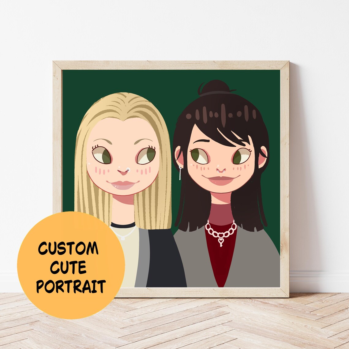 Cute Cartoon Portrait of Two Best Friends Anime Style Art Poster