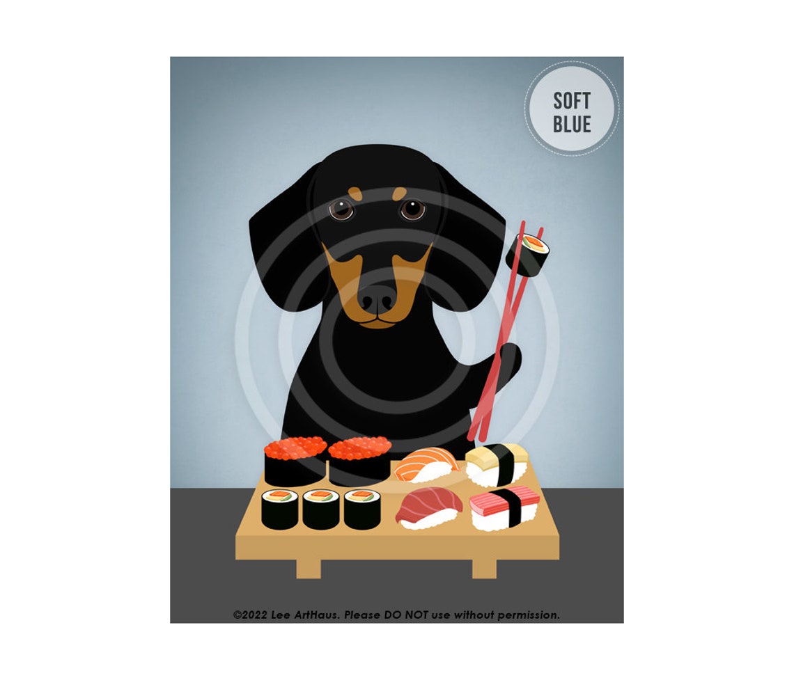 486dp Black And Tan Dachshund Dog Eating Sushi Wall Art Dachshund Gifts Sushi Gifts Funny Dog Art Dachshund Puppy Sushi Signs - Image 2