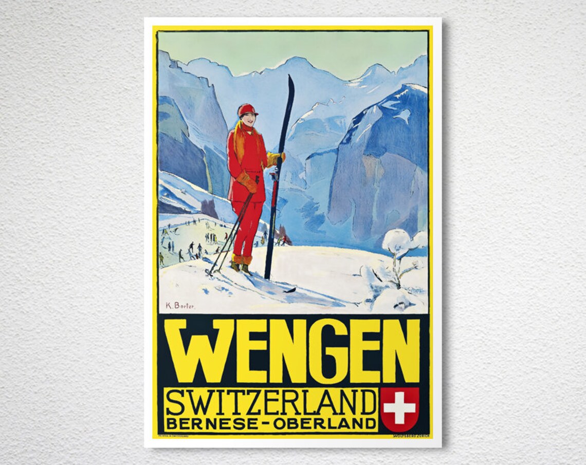 Wengen Switzerland Bernese Oberland Vintage Ski Travel Poster - Image 2
