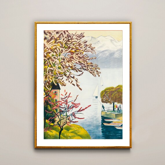 Spring Blossom Lakeside Sailboat Vintage Landscape Art Poster