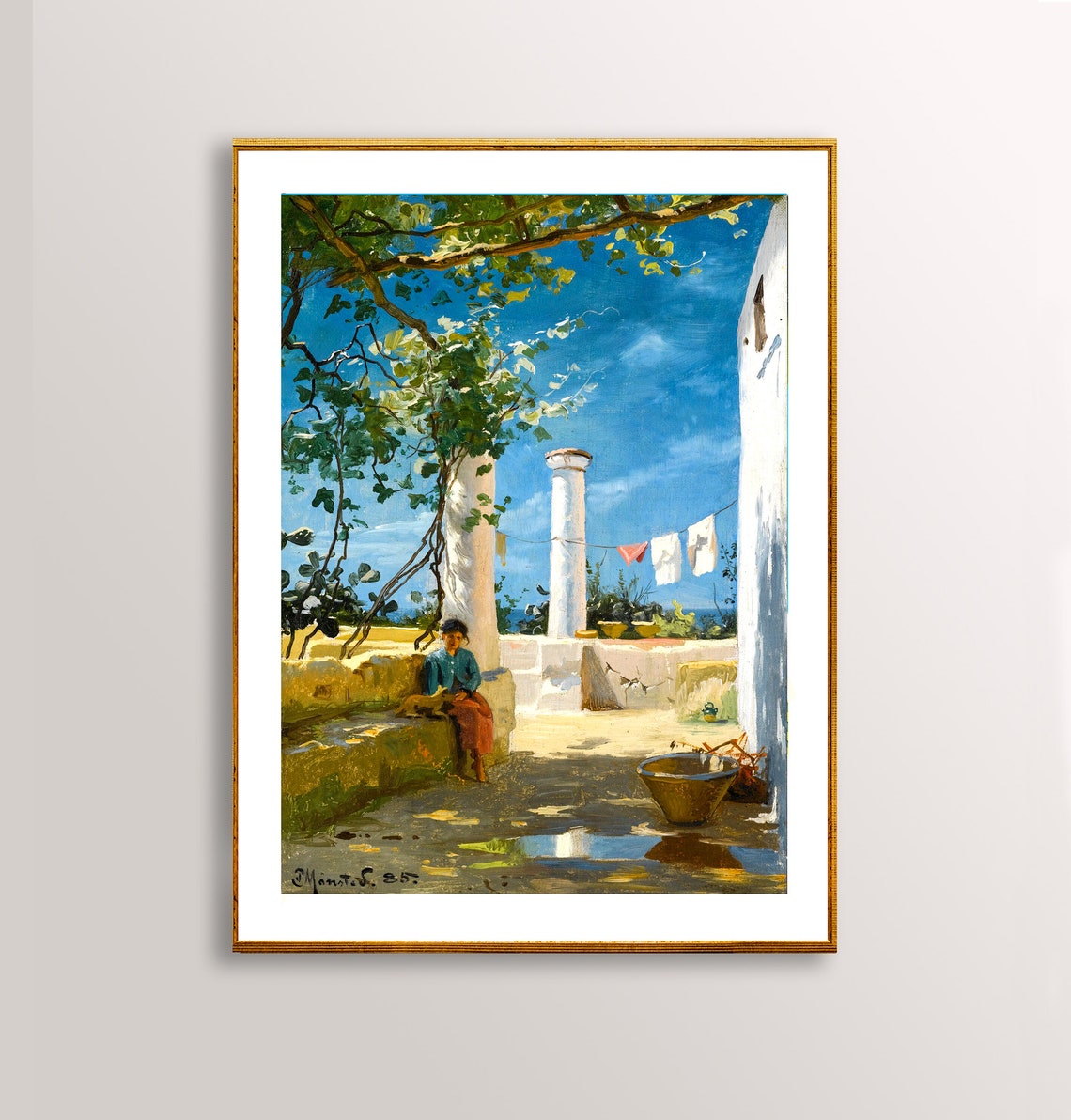 Mediterranean Courtyard Columns Grapevine Sunlit Painting Poster