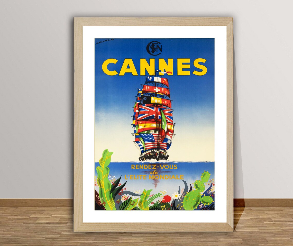 Cannes France Tall Ship World Flags Riviera Vintage Travel Poster