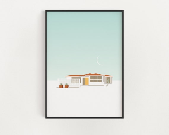 Palm Springs California Art Mid Century Modern Southwestern Architecture Poster Desert House With Yellow Door