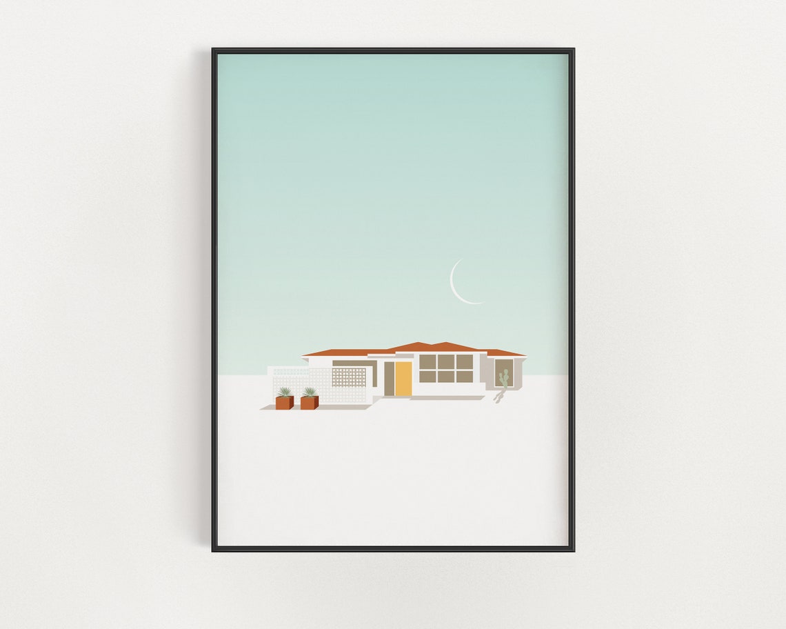 Palm Springs California Art Mid Century Modern Southwestern Architecture Poster Desert House With Yellow Door
