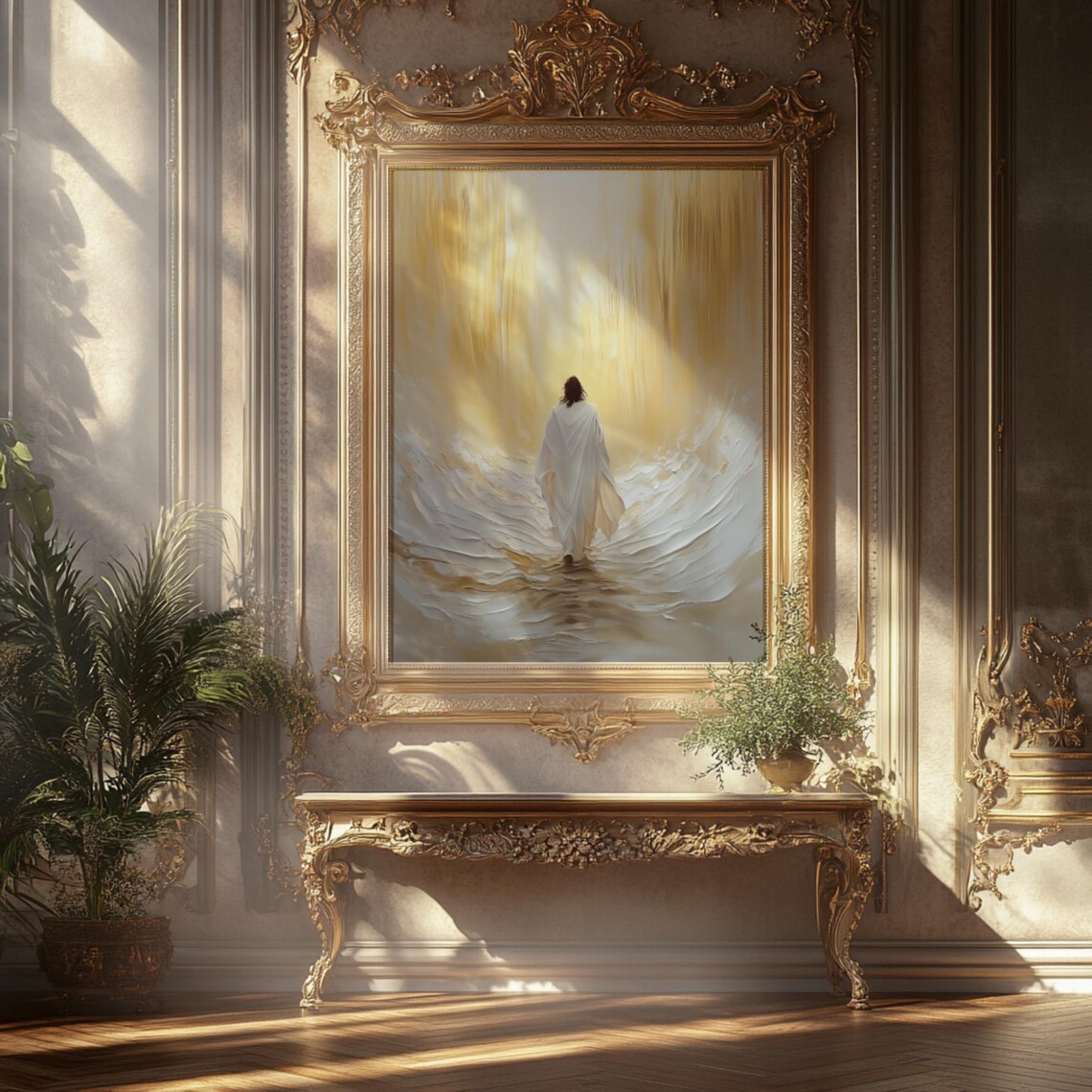 Jesus Walking on Water Golden Sea Christian Oil Painting Wall Art Poster - Image 2
