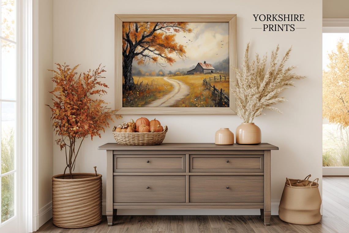 Autumn Tree Rustic Barn Winding Path Golden Fall Farm Poster - Image 3