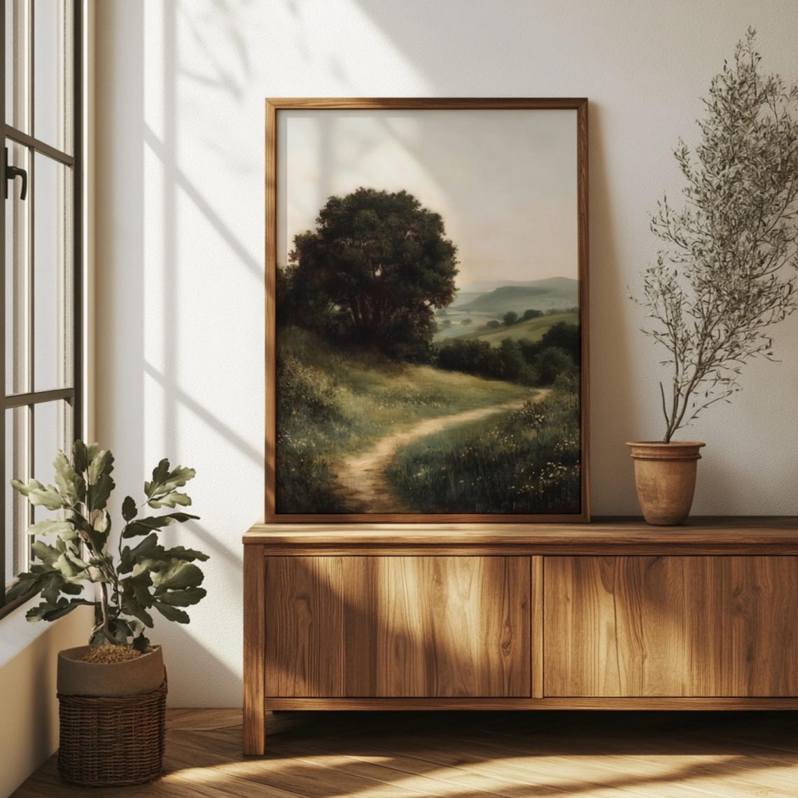 Moody Green Countryside Pathway Old Tree Misty Hills Art Poster - Image 3