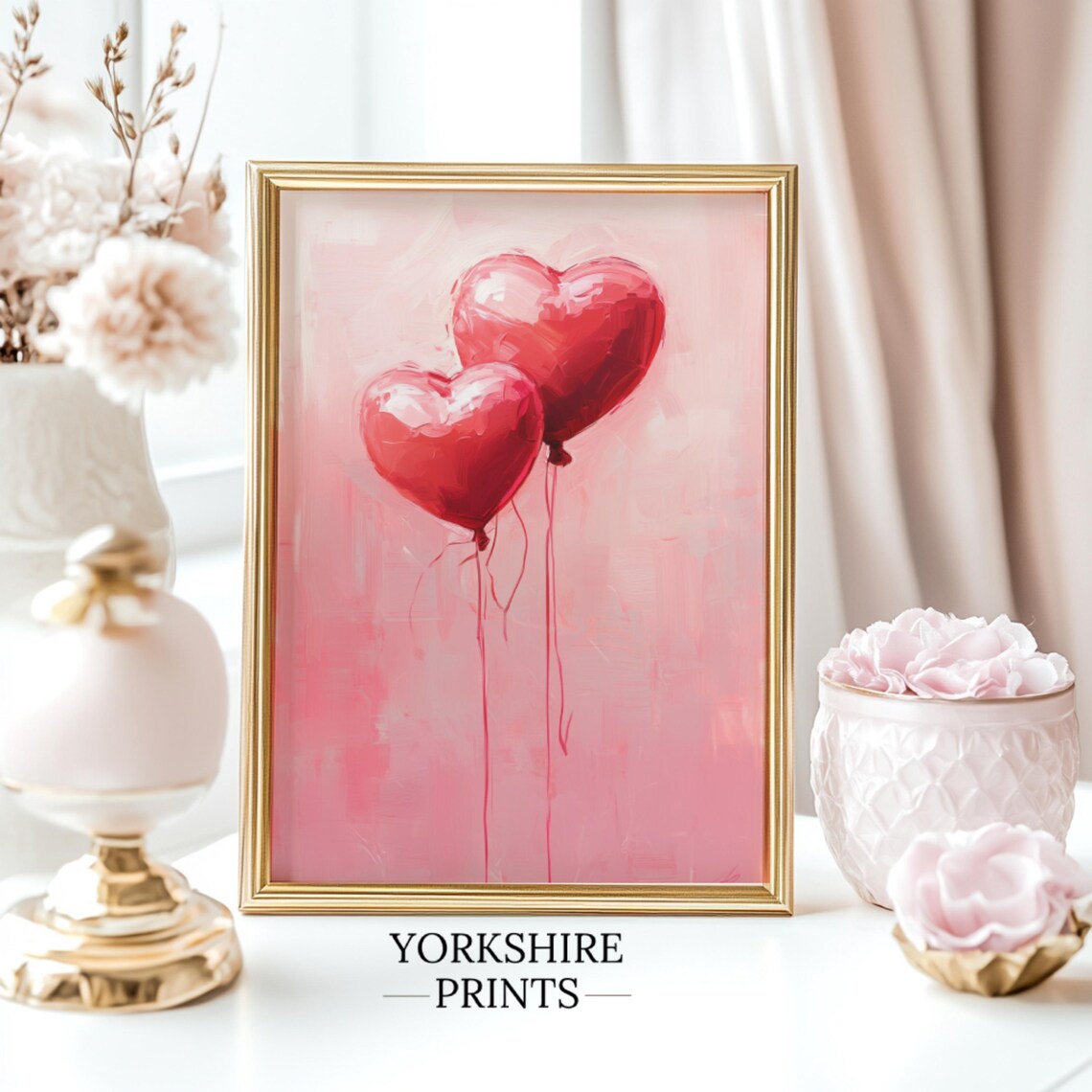 Red Heart Balloons Pink Background Romantic Valentine Love Art Poster - Image 3