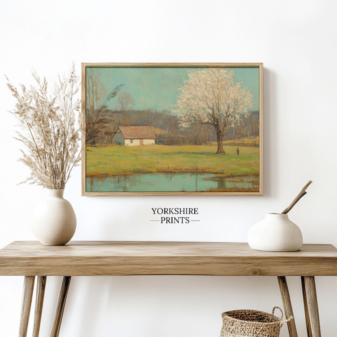 Spring Blossom Tree Rustic Barn Pond Muted Landscape Painting Wall Art - Image 2