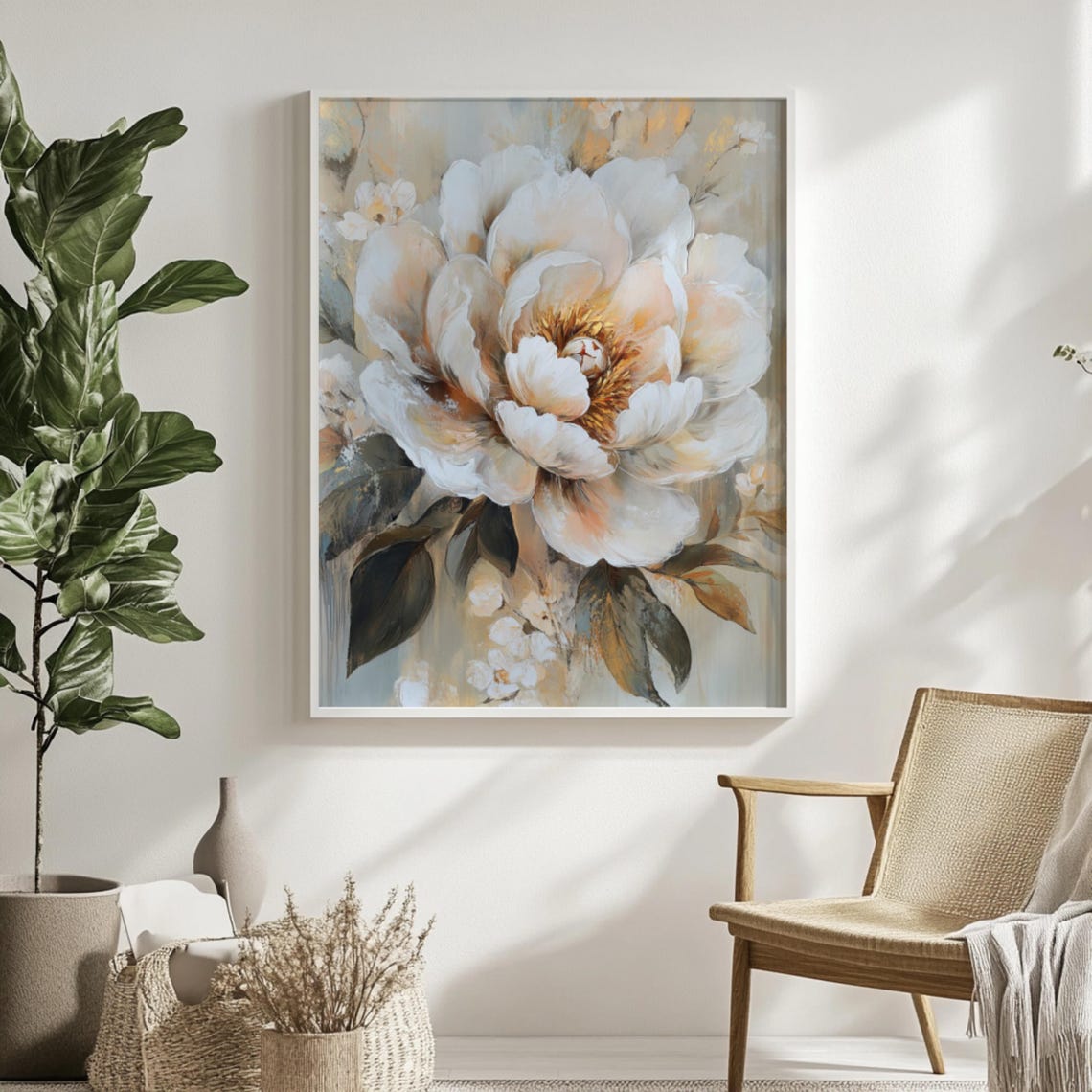White Peony Bloom Textured Close Up Elegant Floral Art Poster - Image 3