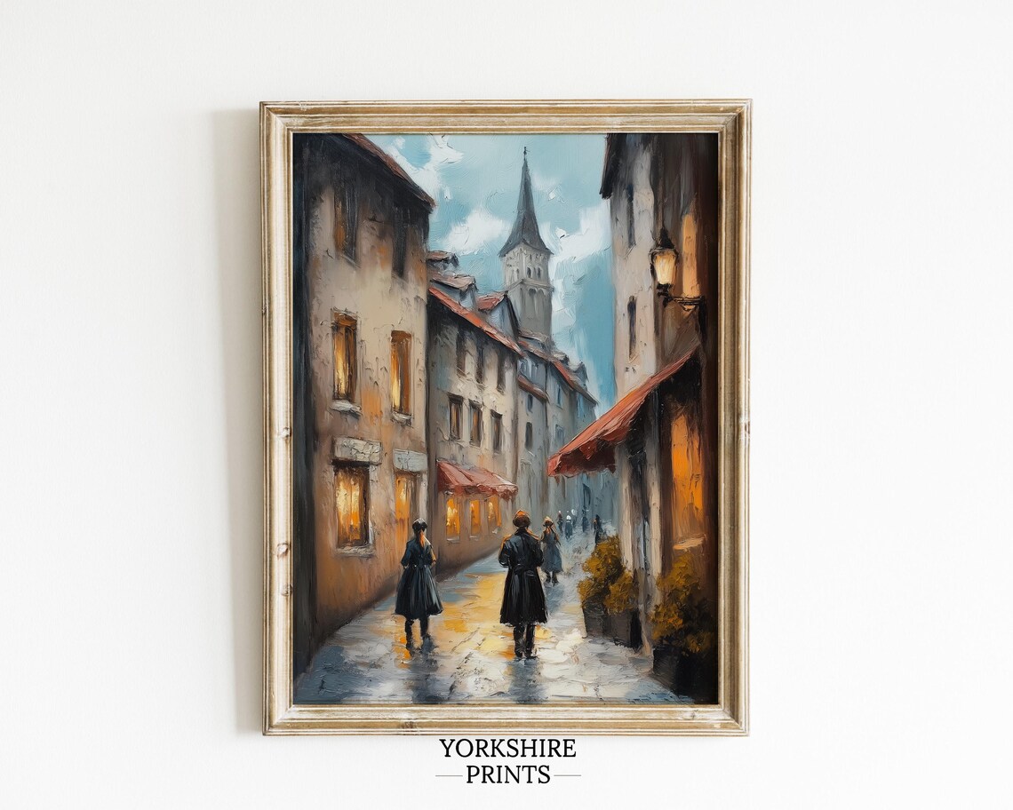 Rainy European Old Town Cobblestone Street Church Spire Poster - Image 2