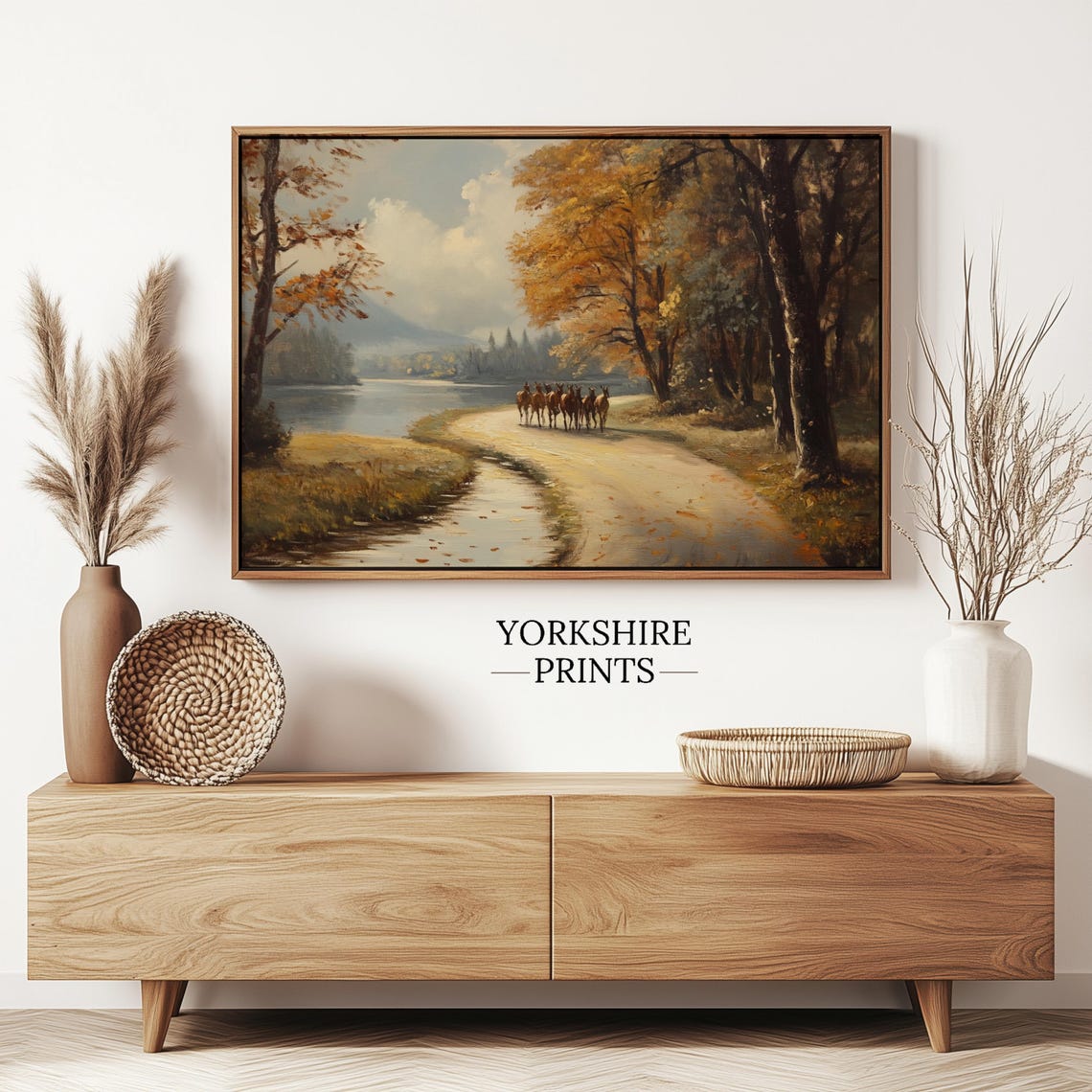 Horse Riders Autumn River Path Golden Trees Fall Landscape Art Poster - Image 3
