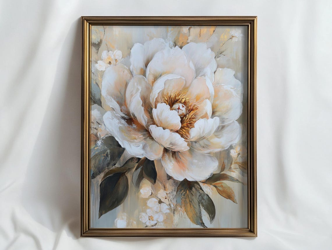 White Peony Bloom Textured Close Up Elegant Floral Art Poster - Image 2