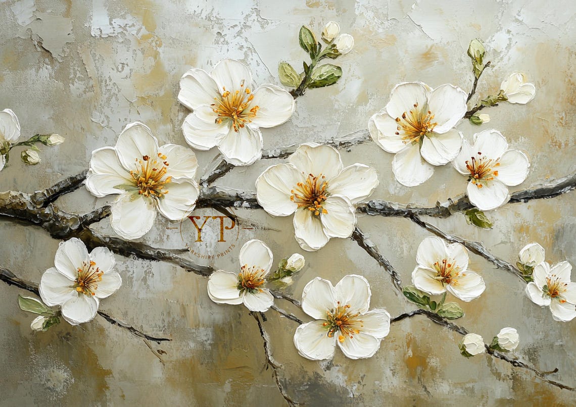 White Cherry Blossom Branch Textured Oil Painting Floral Art Poster - Image 3