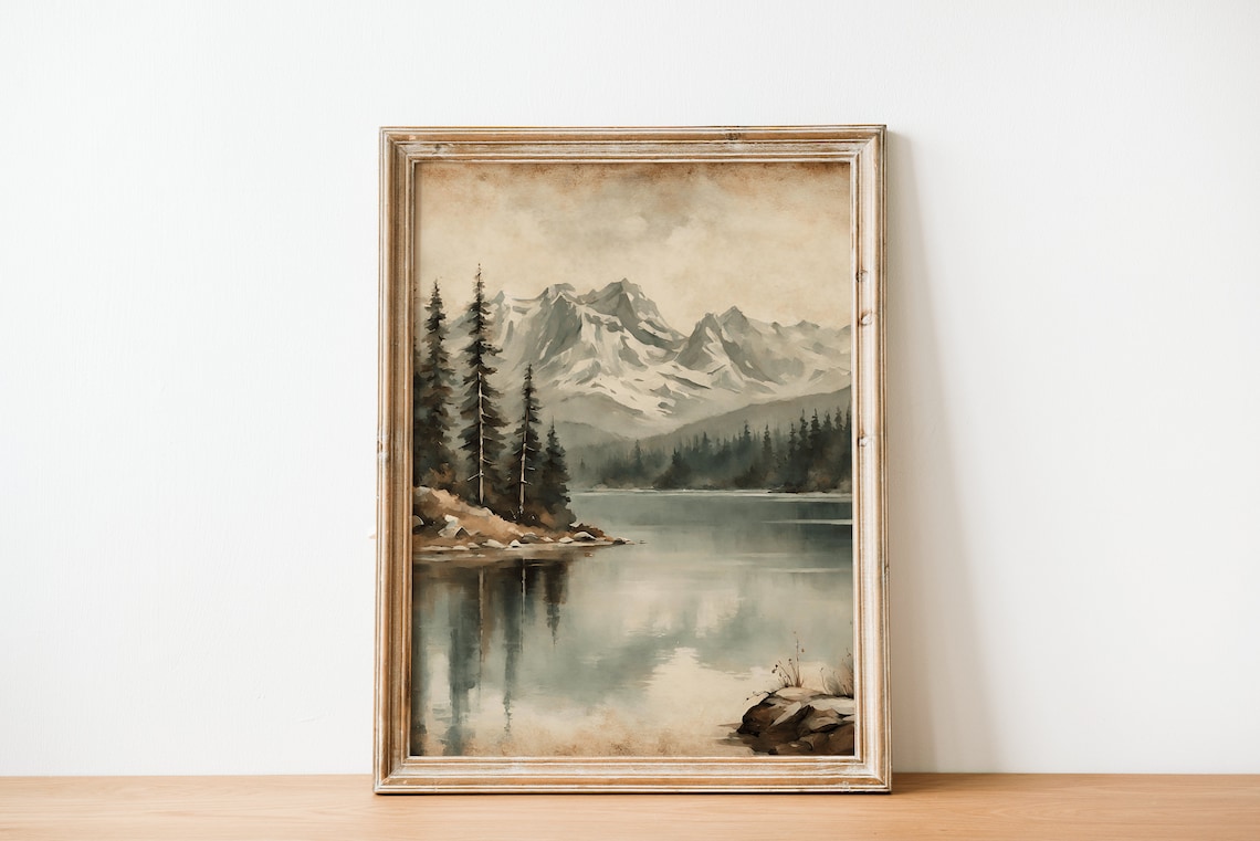 Vintage Lake Landscape Painting, Moody Rustic Art Print