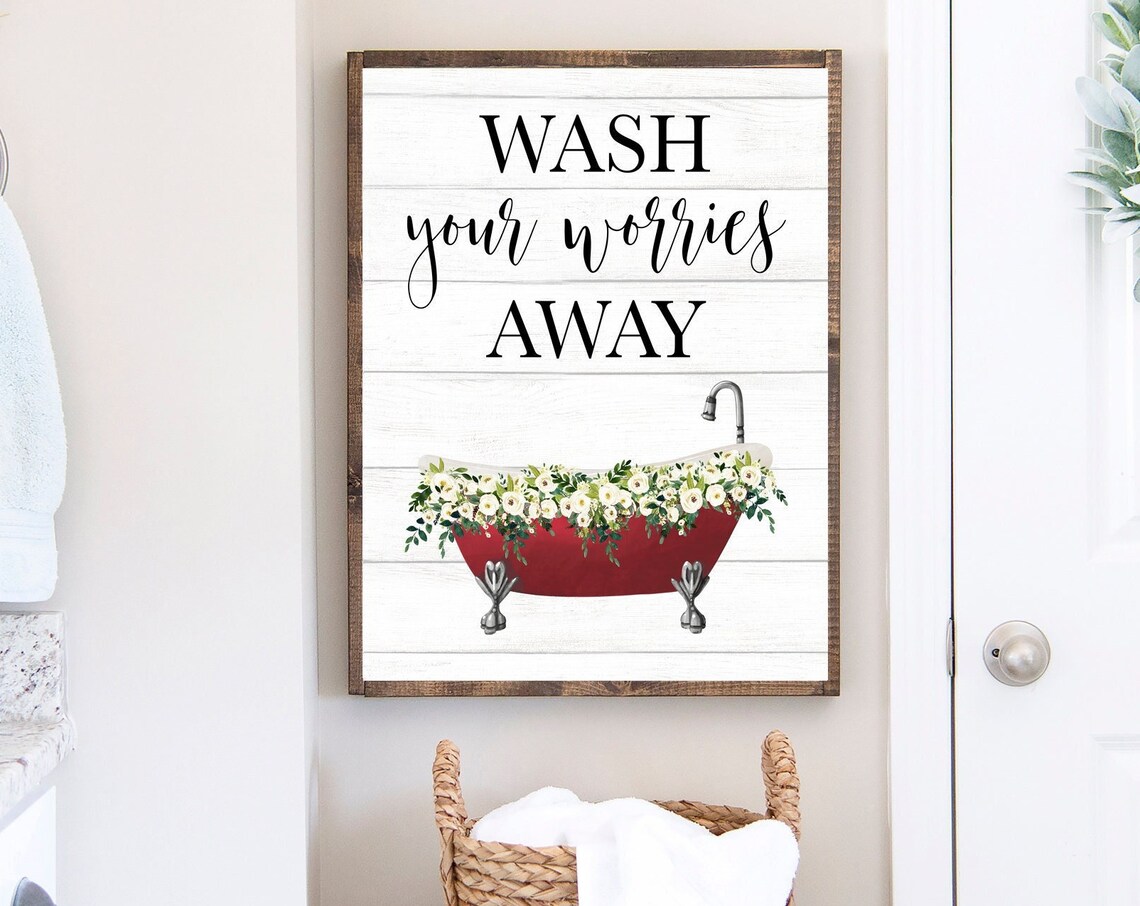 Wash Your Worries Away Red Vintage Tub White Florals Wall Poster