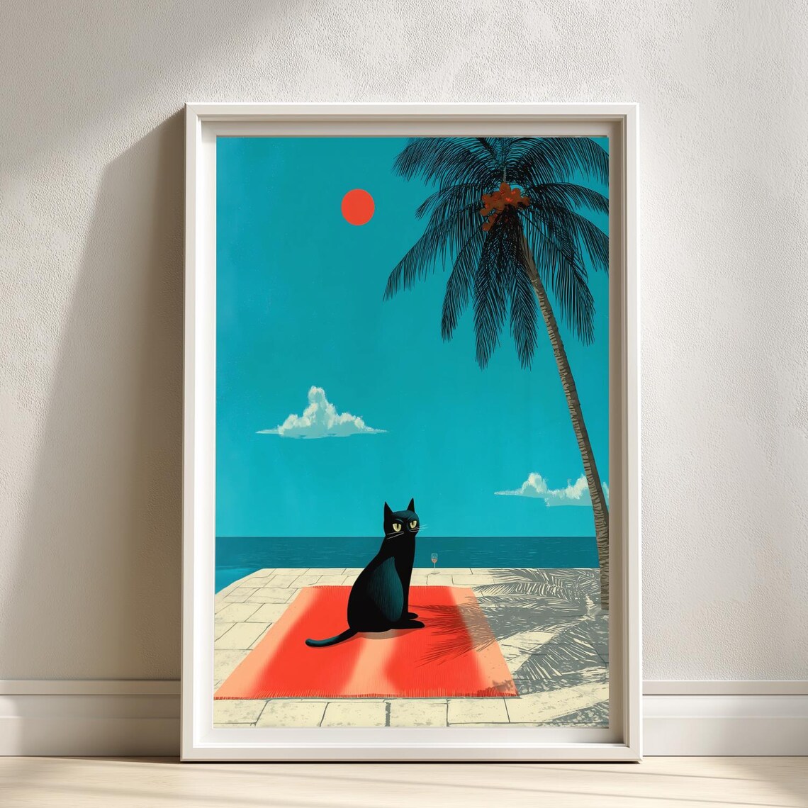 Black Cat Lounging On Orange Pool Towel Tropical Palm Sun Poster
