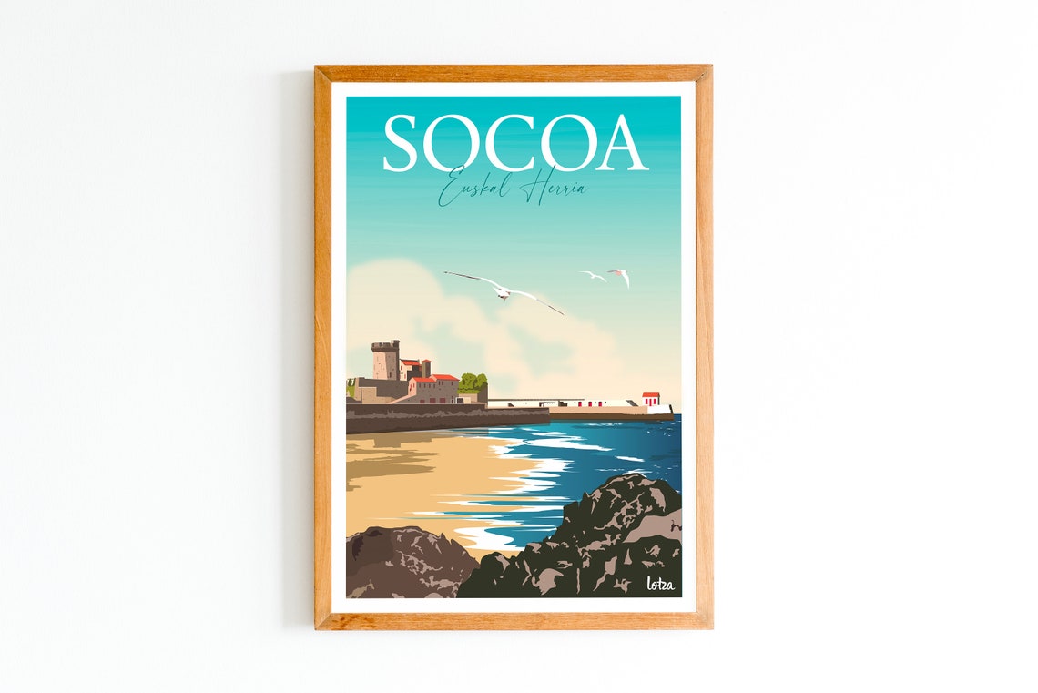 Socoa Euskal Herria Vintage Travel Beach Harbor Fort Seagulls Poster