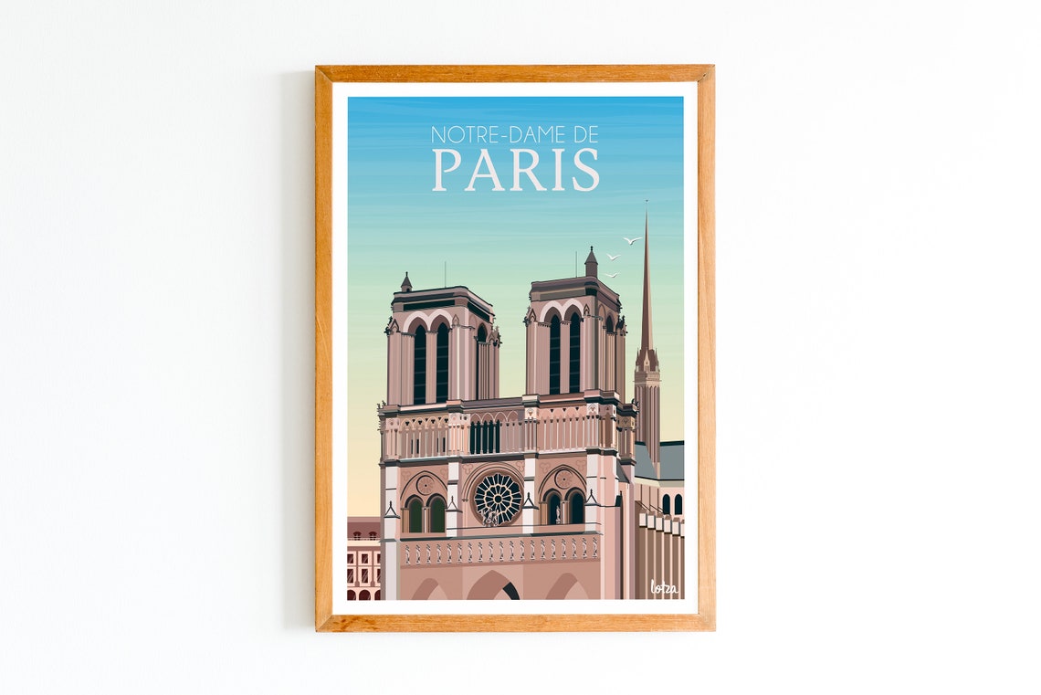 Notre Dame de Paris Cathedral Vintage Travel Illustration Poster
