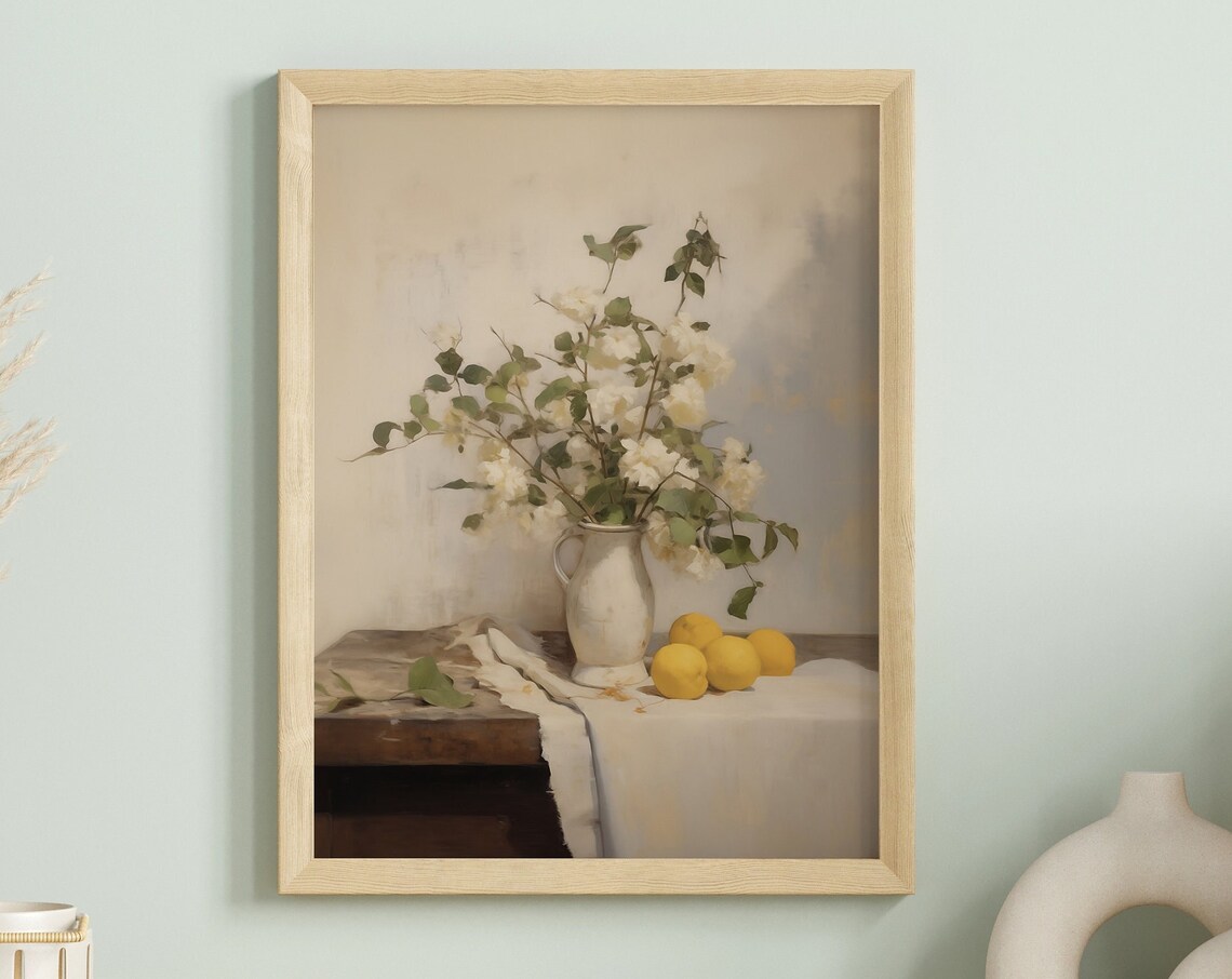 White Flowers Pitcher Lemon Still Life Vintage Oil Painting Art Poster - Image 3