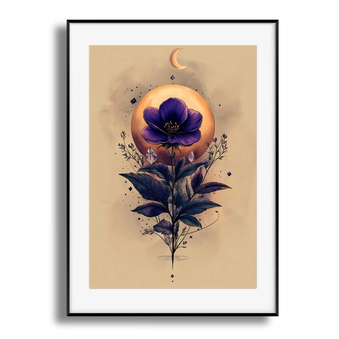Dark Purple Anemone Golden Moon Crystal Mystical Floral Poster