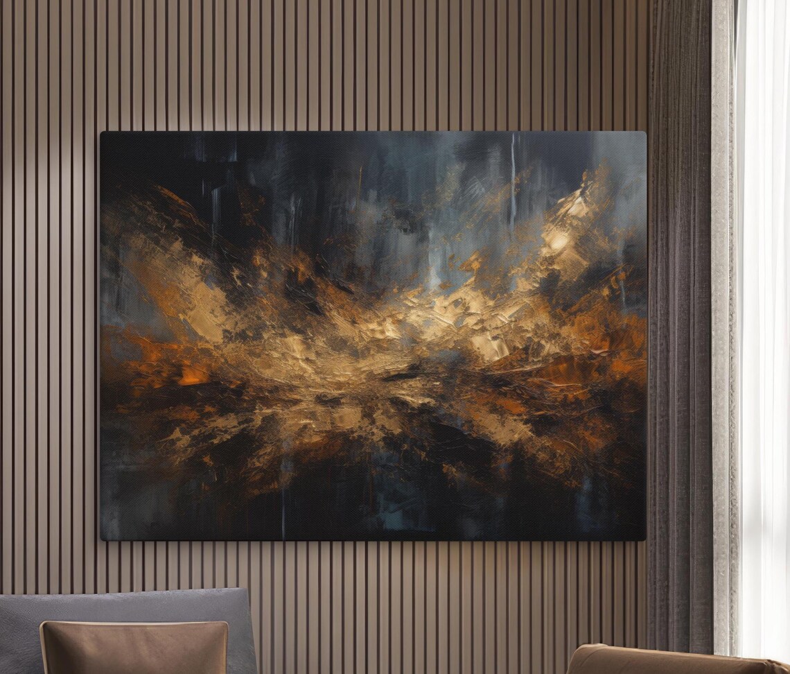 Abstract Gold And Blue Modern Art Print, Living Room