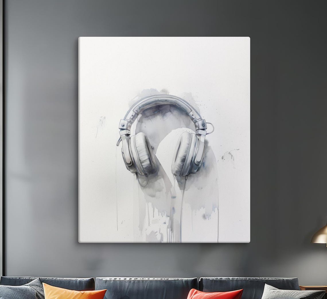 White Headphones Watercolor Minimalist Music Lovers Artistic Wall Art