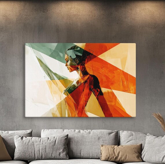 Geometric Woman Silhouette Orange Teal Abstract Polygon Portrait Art Print
