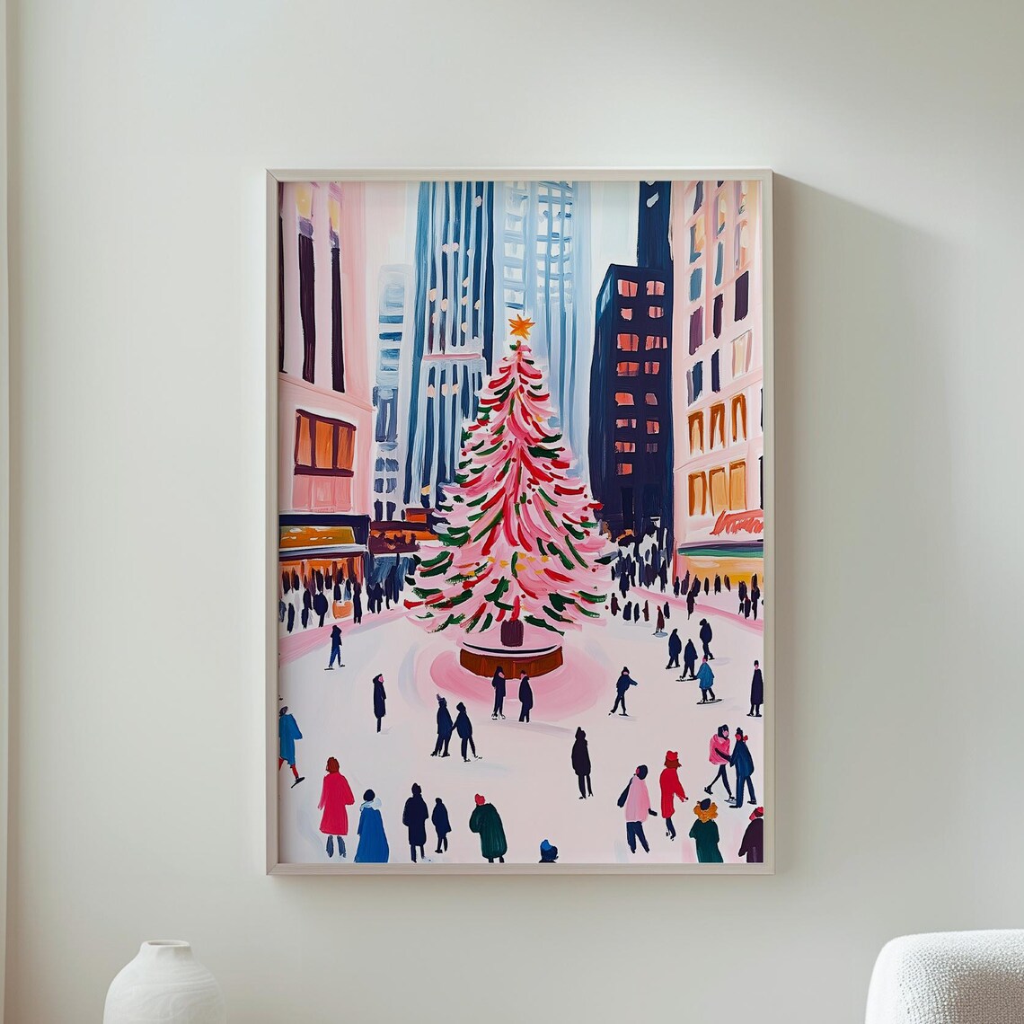 Christmas Tree In The City Winter Holiday Crowd Painting Art Print