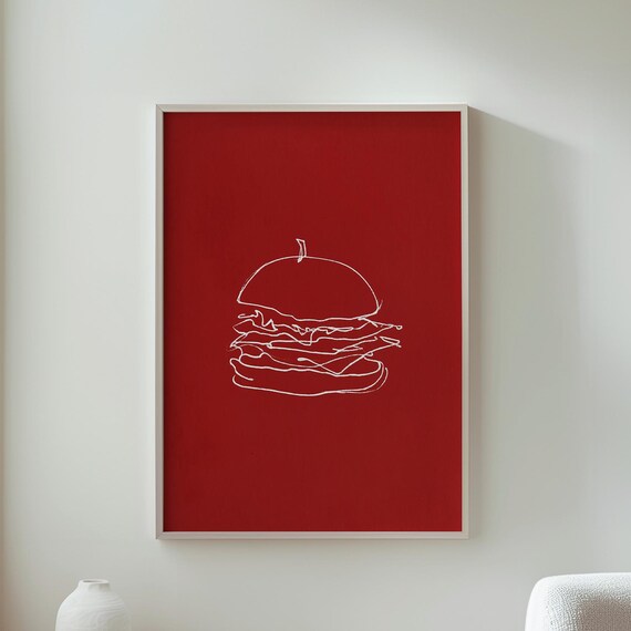 Hamburger Art Modern Food Illustration Bold Red Background Kitchen Wall Decor Unique Fun Restaurant
