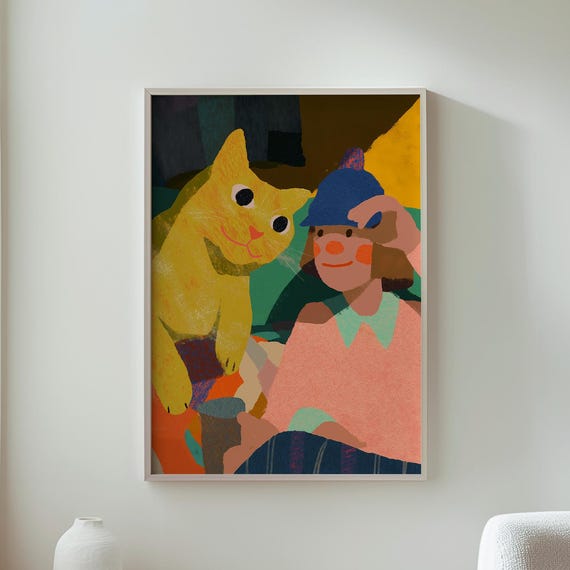 Playful Art Print Whimsical Wall Kids Room Decor Child With Big Yellow Cat Cute For Nursery Colorful Home