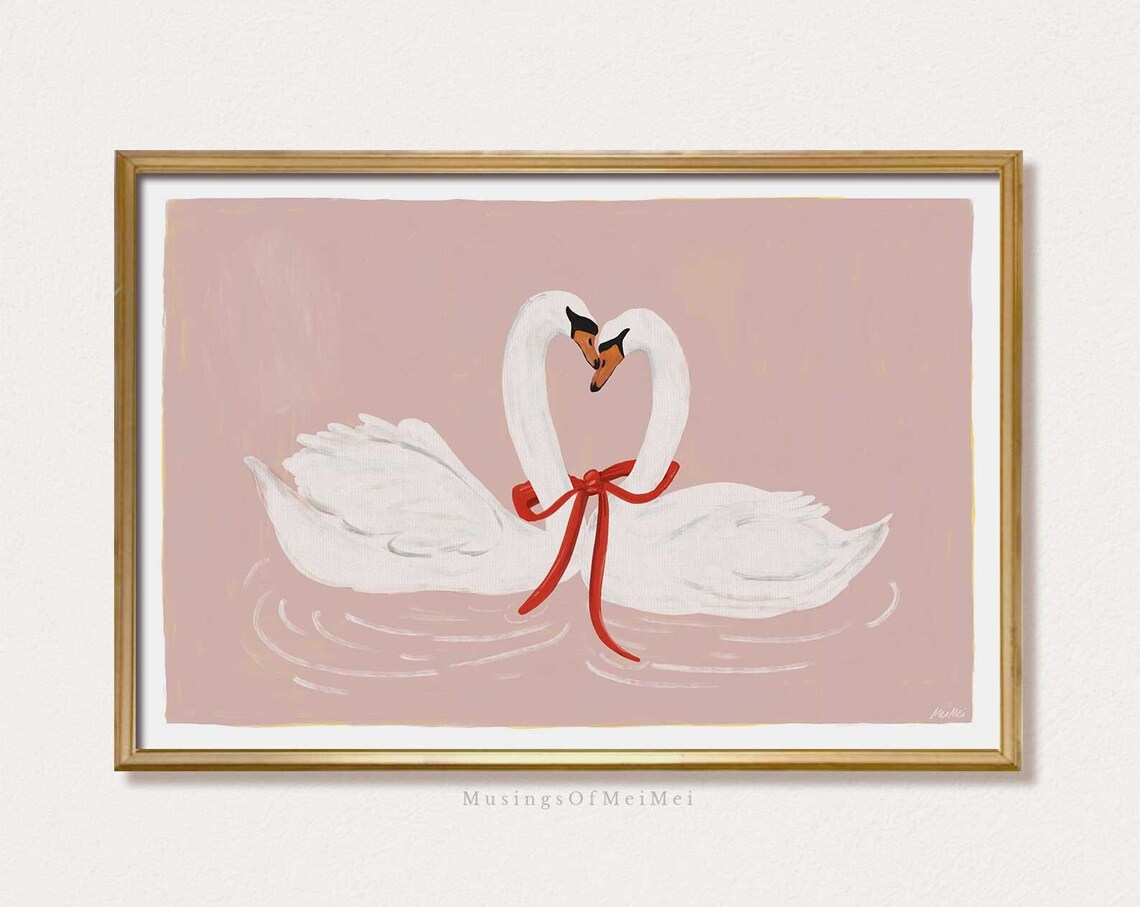 Two Swans Forming a Heart Pastel Pink Romantic Valentine Art Poster