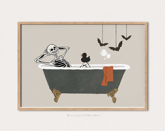 Halloween Skeleton Bathroom Poster, Funny Decor