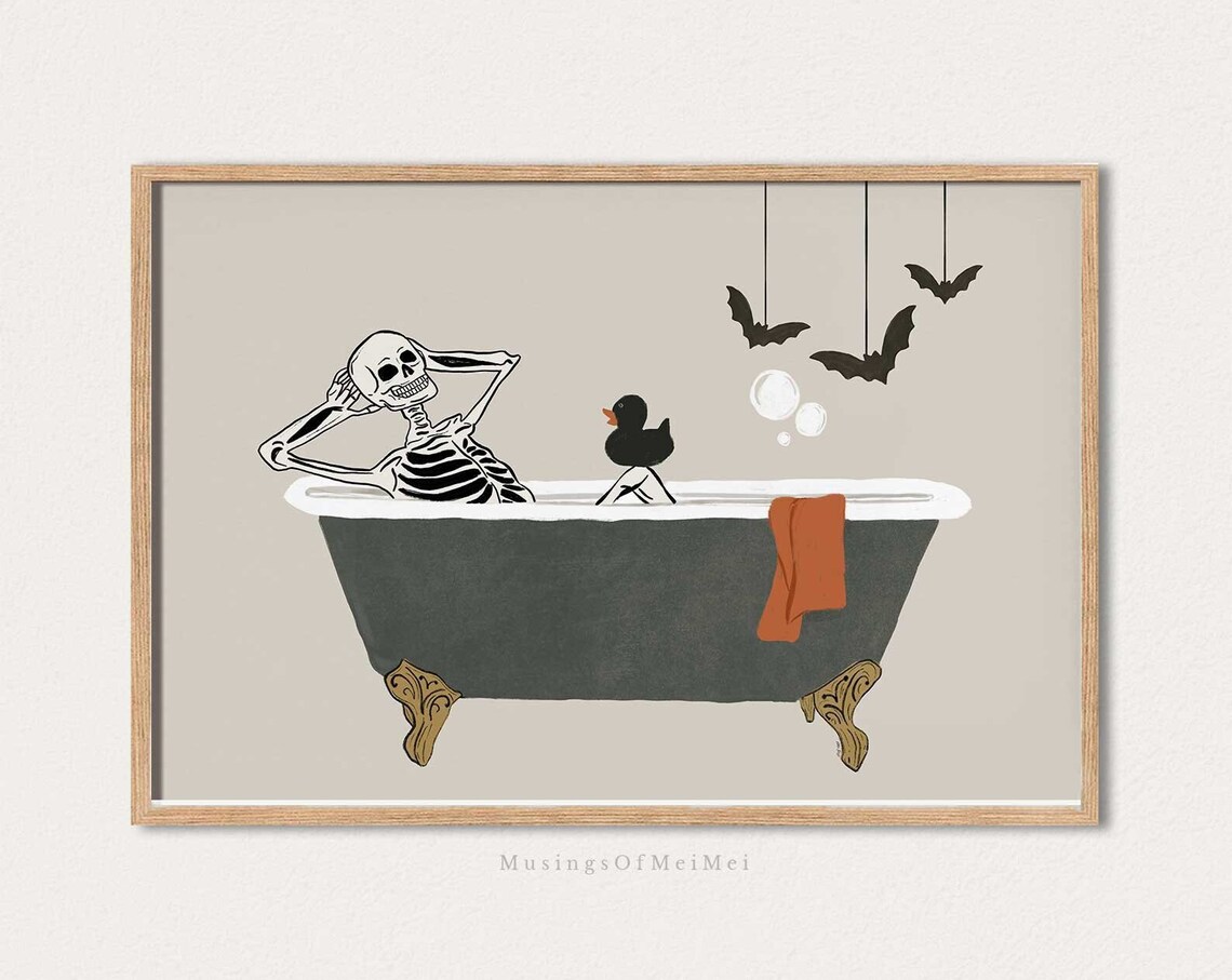 Halloween Skeleton Bathroom Poster, Funny Decor