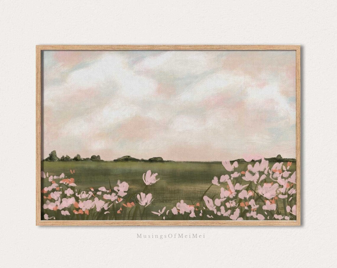 Pink Wildflower Meadow Pastel Landscape Cloudy Sky Floral Field Poster - Image 2