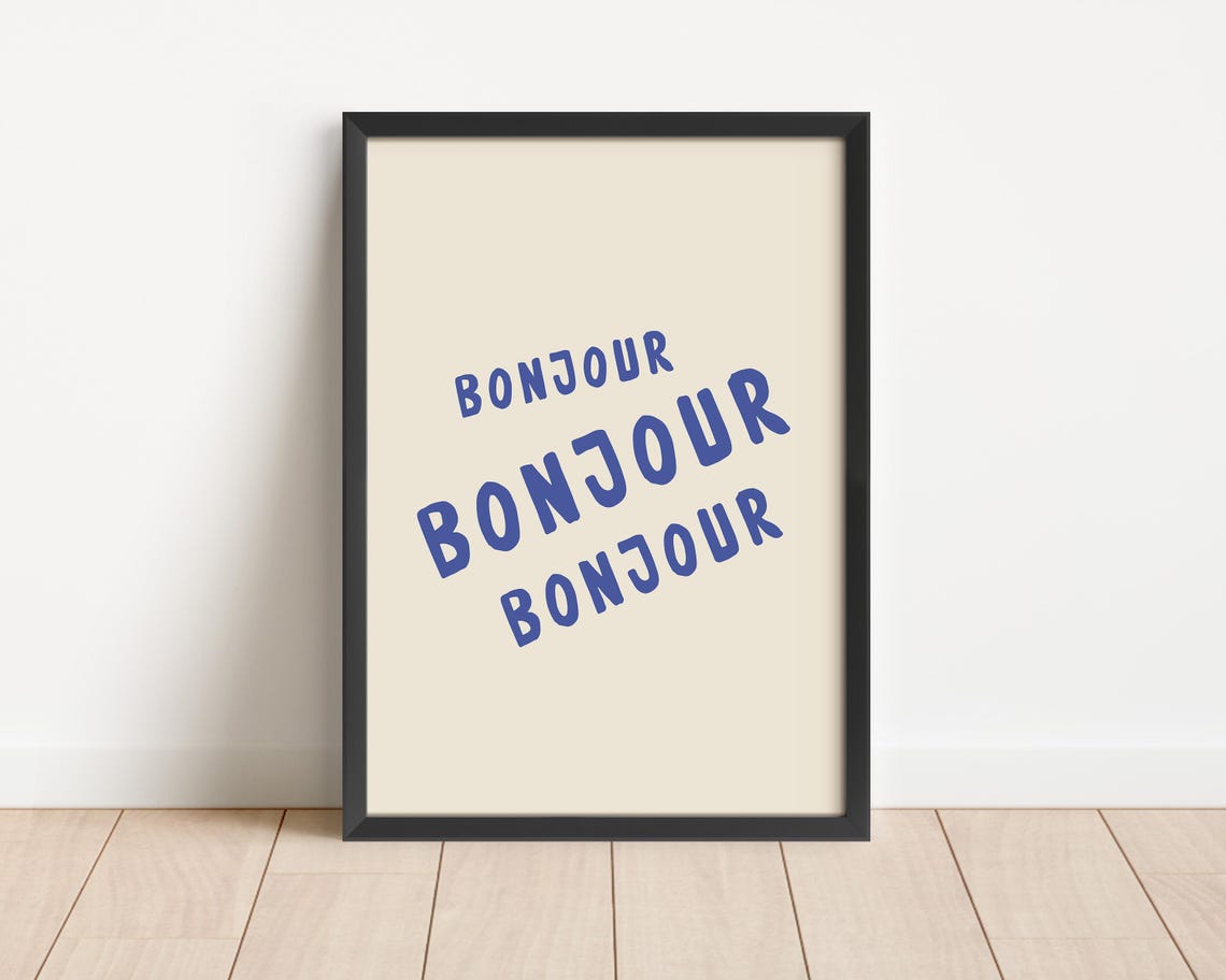 Bonjour Repeated Blue French Typography Minimalist Kitchen Poster - Image 3