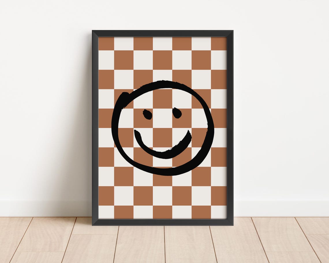 Smiley Face Brown Checkerboard Neutral Retro Happy Room Poster - Image 3