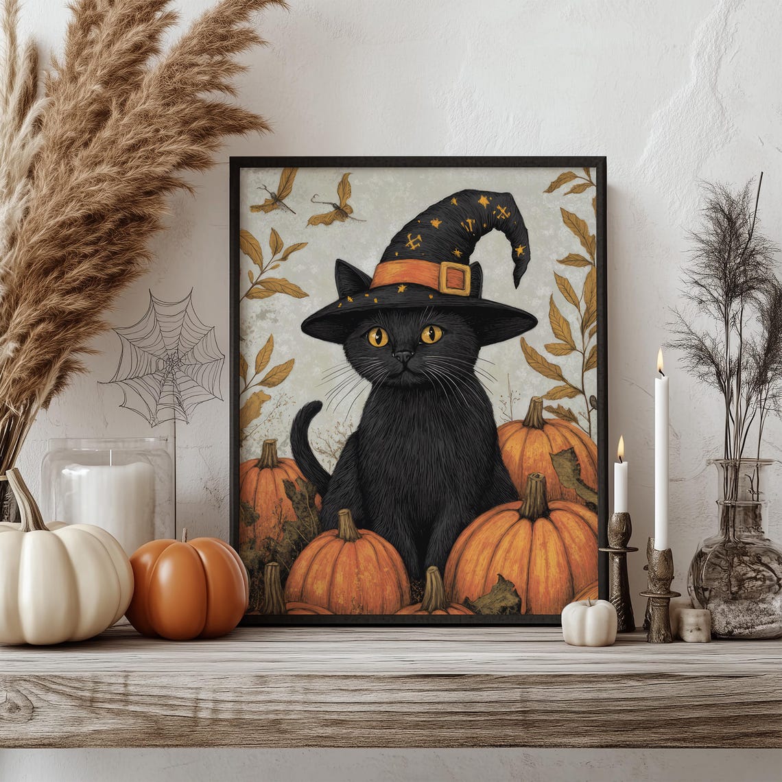 Cozy Vintage Black Cat In Witch Hat With Pumpkins Autumn Poster - Image 2